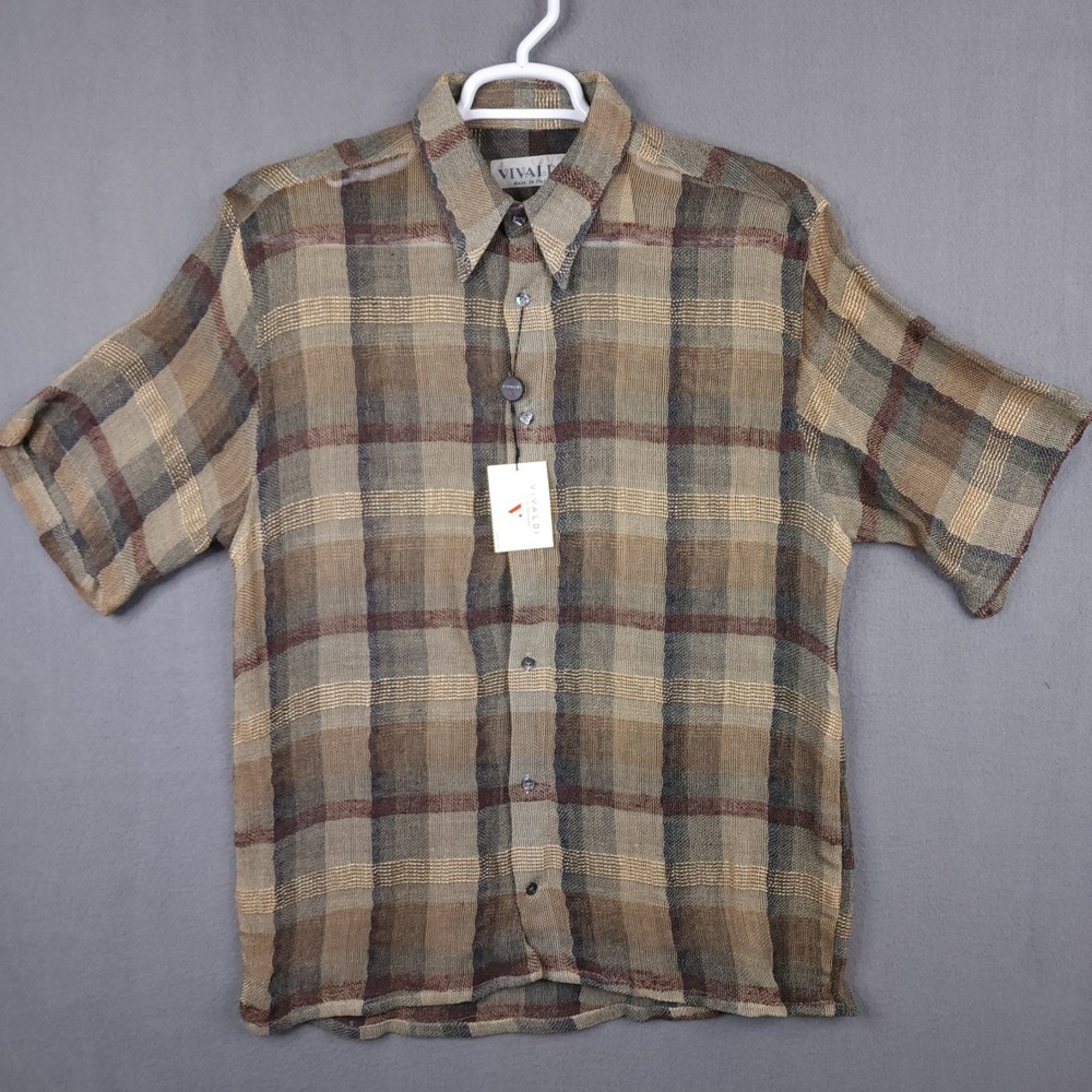Vivaldi Italian Menswear Silk Linen Plaid Button Shirt Panda M Vintage NWT